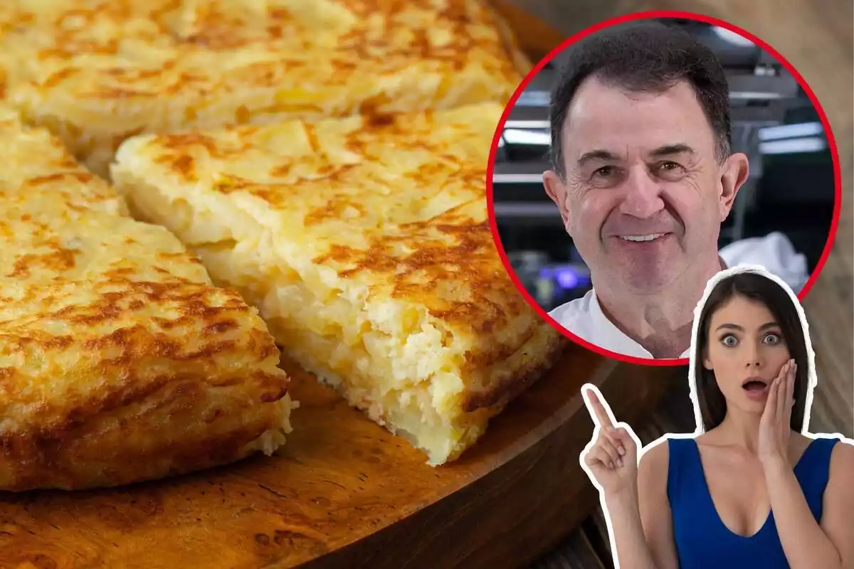 Imagen de fondo de una tortilla de patatas junto a otra del chef Martin Berasategui y una más de una mujer con gesto sorprendido