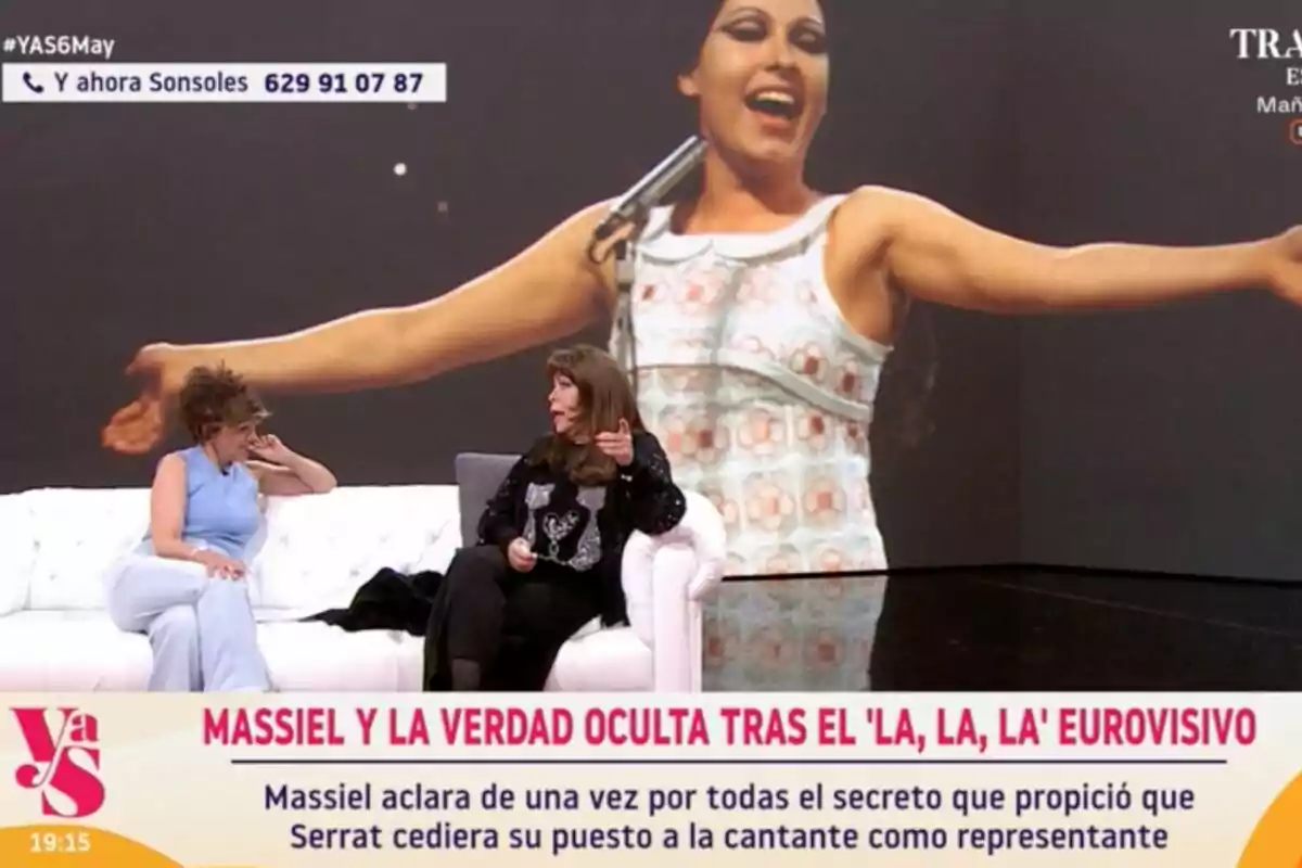 Sonsoles Ónega y Massiel conversan en 'Y ahora Sonsoles' con una imagen de fondo de una cantante en el escenario. Sonsoles Ónega y Massiel conversan en 'Y ahora Sonsoles' con una imagen de fondo de una cantante en el escenario.