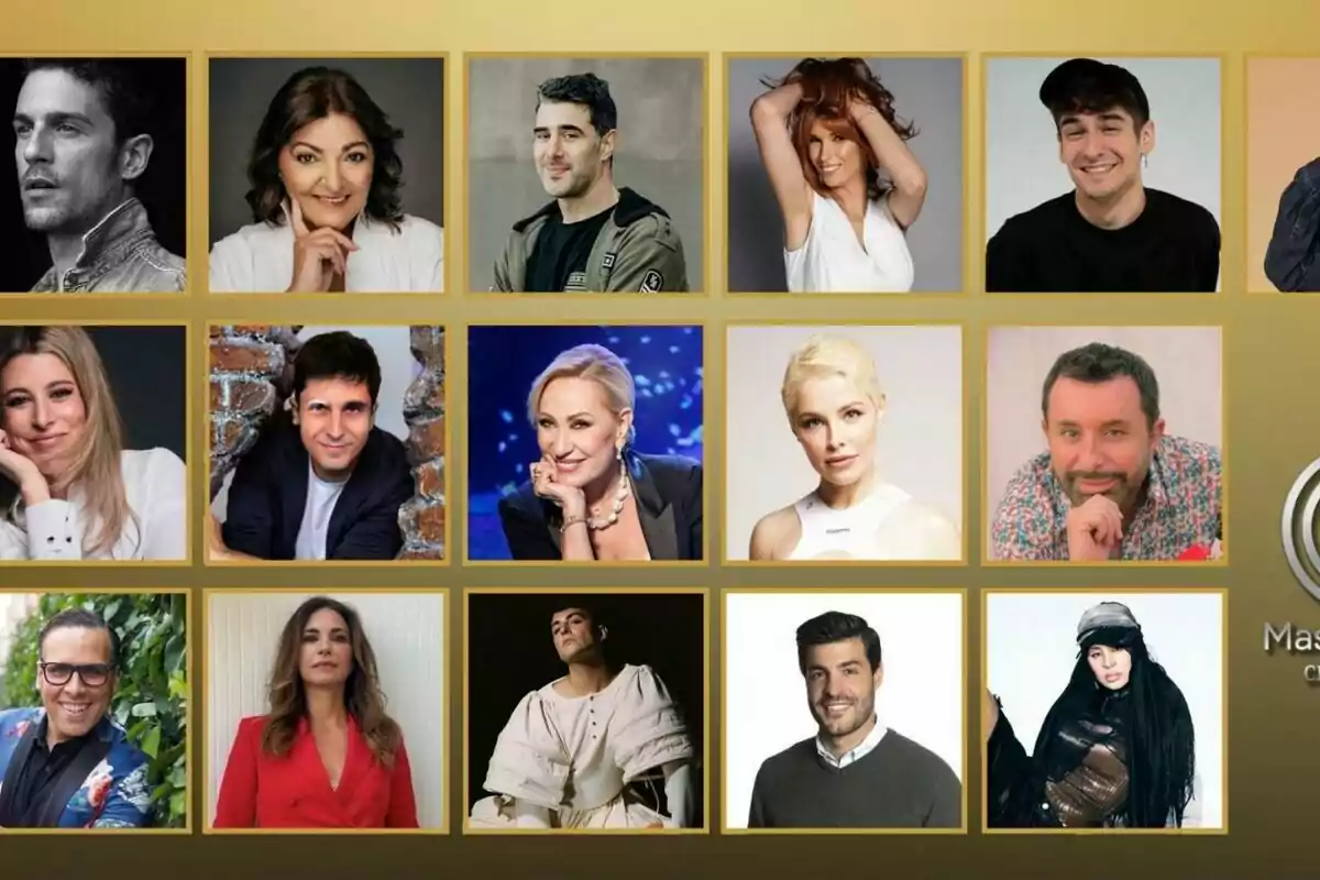 Un collage de retratos de varias personas enmarcadas en un fondo dorado de 'Masterchef Celebrity'