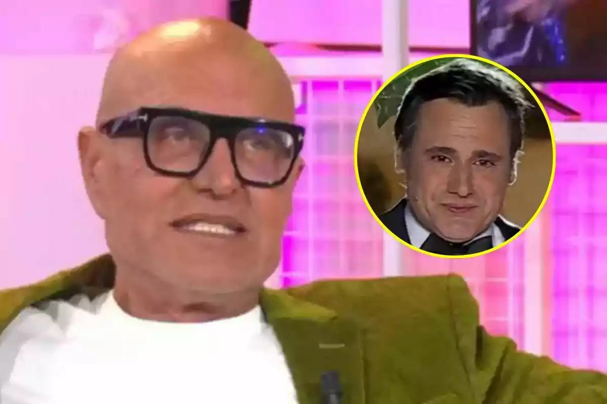 Kiko Matamoros calvo con gafas y chaqueta verde aparece en Ni que fuéramos, con un recuadro que muestra a Ion Aramendi en un círculo amarillo.