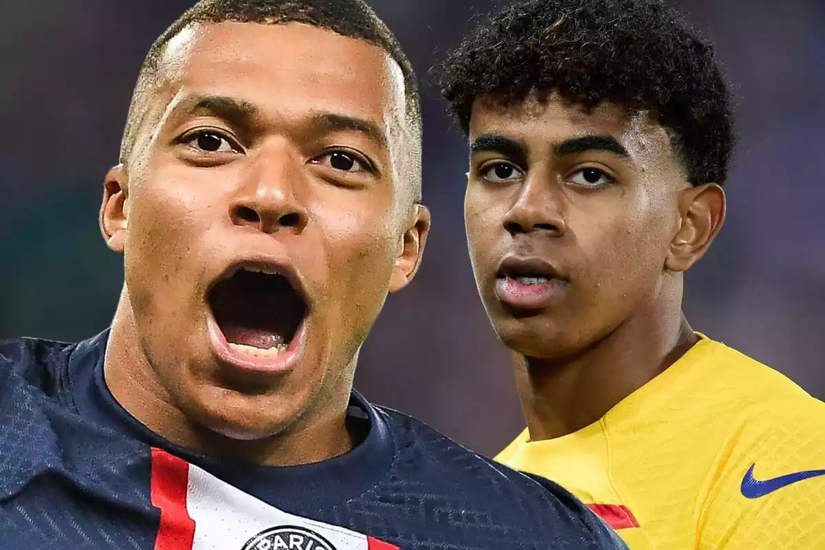 Kylian Mbappé con la boca abierta junto a Lamine Yamal serio mirando al frente