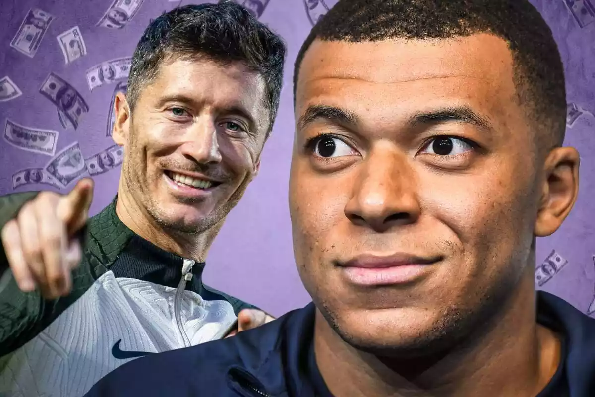 Kylian Mbappé con cara de sorpresa junto a Robert Lewandowski apuntando hacia adelante con el dedo