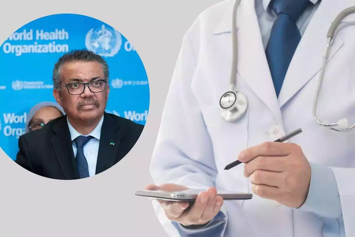 El director de la OMS, Tedros Adhanom Ghebreyesus, en un montaje con una imagen de un médico