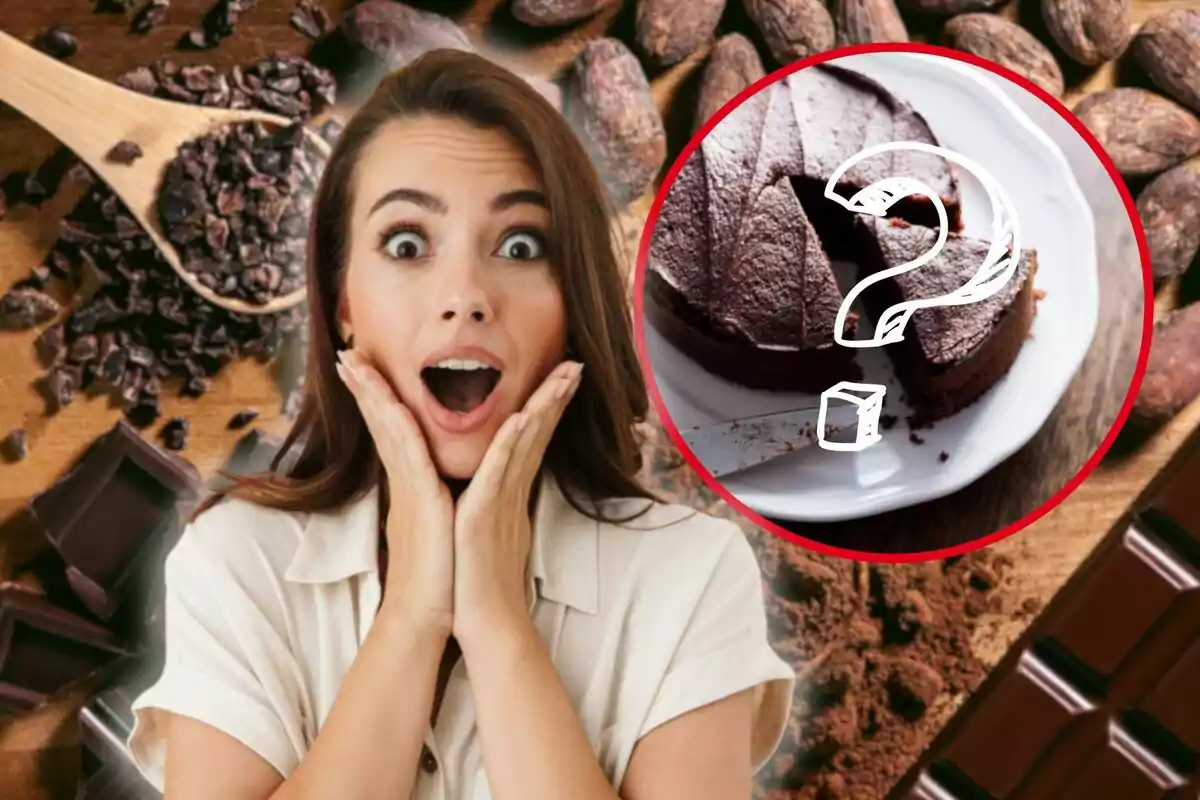 Una mujer con expresión de sorpresa frente a una imagen de pastel de chocolate y granos de cacao.