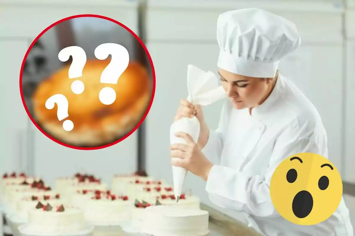 Una chef pastelera decorando un pastel con una manga pastelera mientras se muestra una imagen borrosa de un postre con signos de interrogación y un emoji sorprendido.