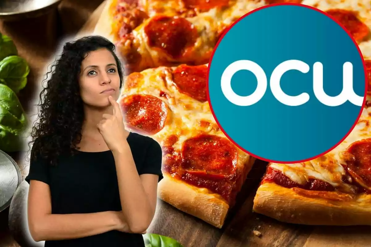 Mujer pensando en pizzas y el logo de la OCU