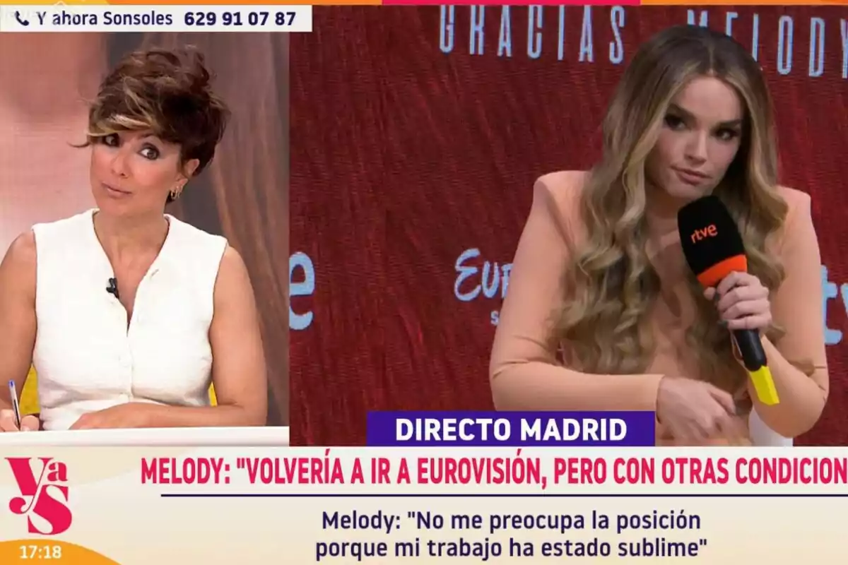 Dos mujeres participan en un programa de televisión, Sonsoles Ónega en el estudio de Y ahora Sonsoles y Melody en una rueda de prensa desde Madrid, mientras conversan sobre la posibilidad de volver a Eurovisión. Dos mujeres participan en un programa de televisión, Sonsoles Ónega en el estudio de Y ahora Sonsoles y Melody en una rueda de prensa desde Madrid, mientras conversan sobre la posibilidad de volver a Eurovisión.