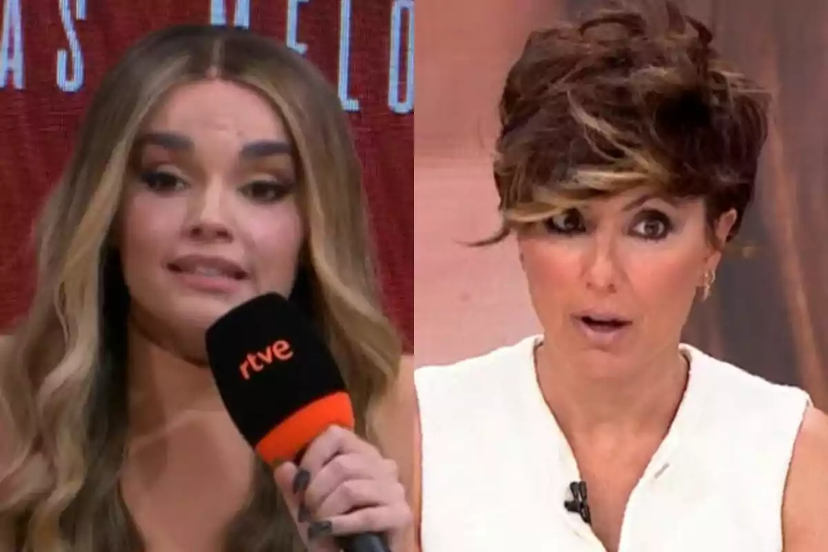 Dos mujeres aparecen en primer plano, Melody de ellas sostiene un micrófono con el logo de rtve y Sonsoles Ónega muestra una expresión de sorpresa en Y ahora Sonsoles.