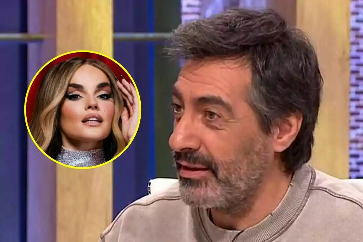 Juan del Val con barba y cabello oscuro aparece en La Roca, mientras que en un círculo amarillo se muestra el rostro de Melody con maquillaje y cabello largo en Eurovisión.