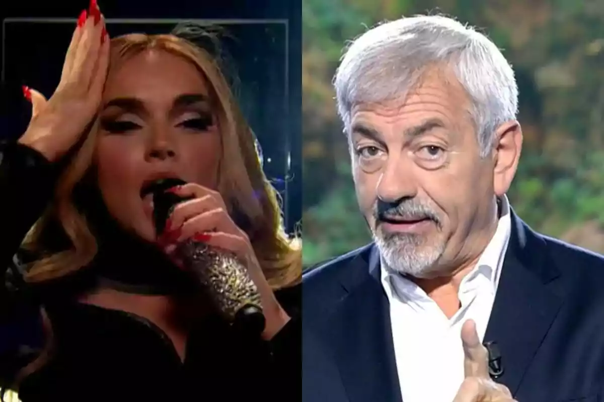 Melody cantando con un micrófono brillante en Eurovisión y Carlos Sobera de cabello canoso hablando en Supervivientes.