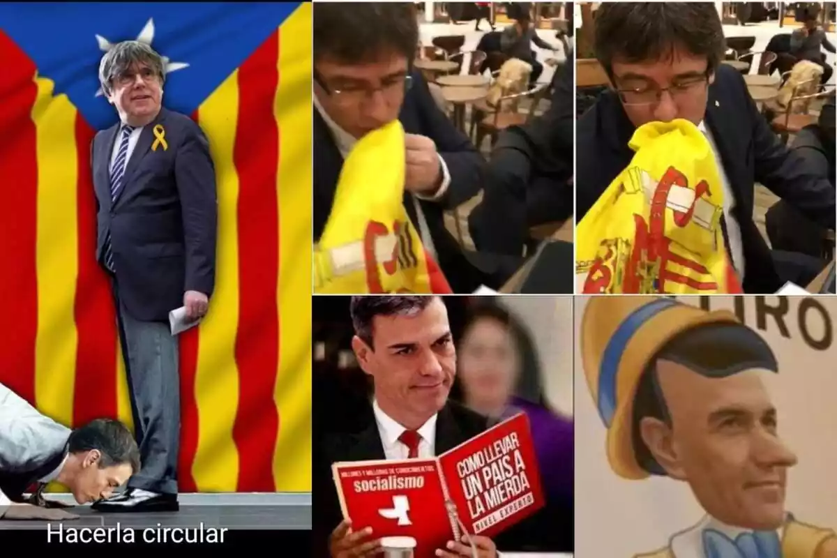 Collage de varios memes sobre el pacto entre PSOE y Junts en el que salen varias imágenes y montajes de Pedro Sánchez y Carles Puigdemont