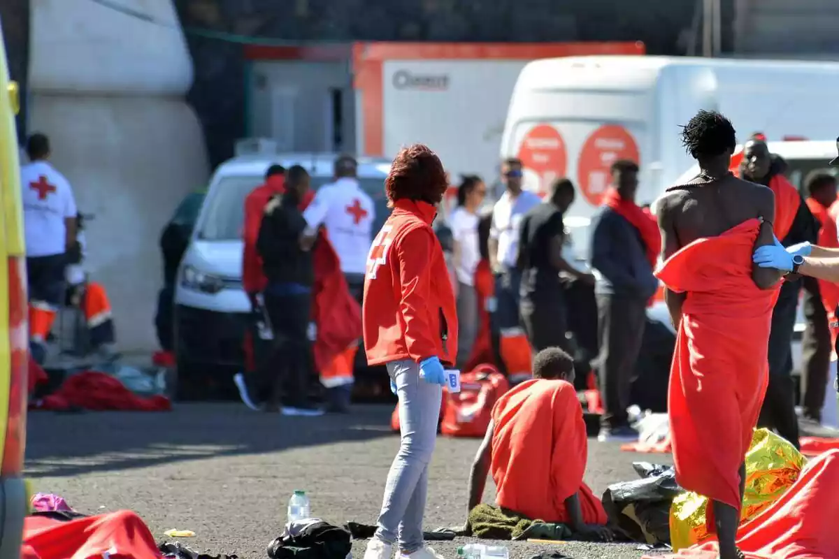 Varios migrantes son atendidos por los servicios de emergencias, en el muelle de La Restinga, a 9 de noviembre de 2023, en El Hierro, Islas Canarias