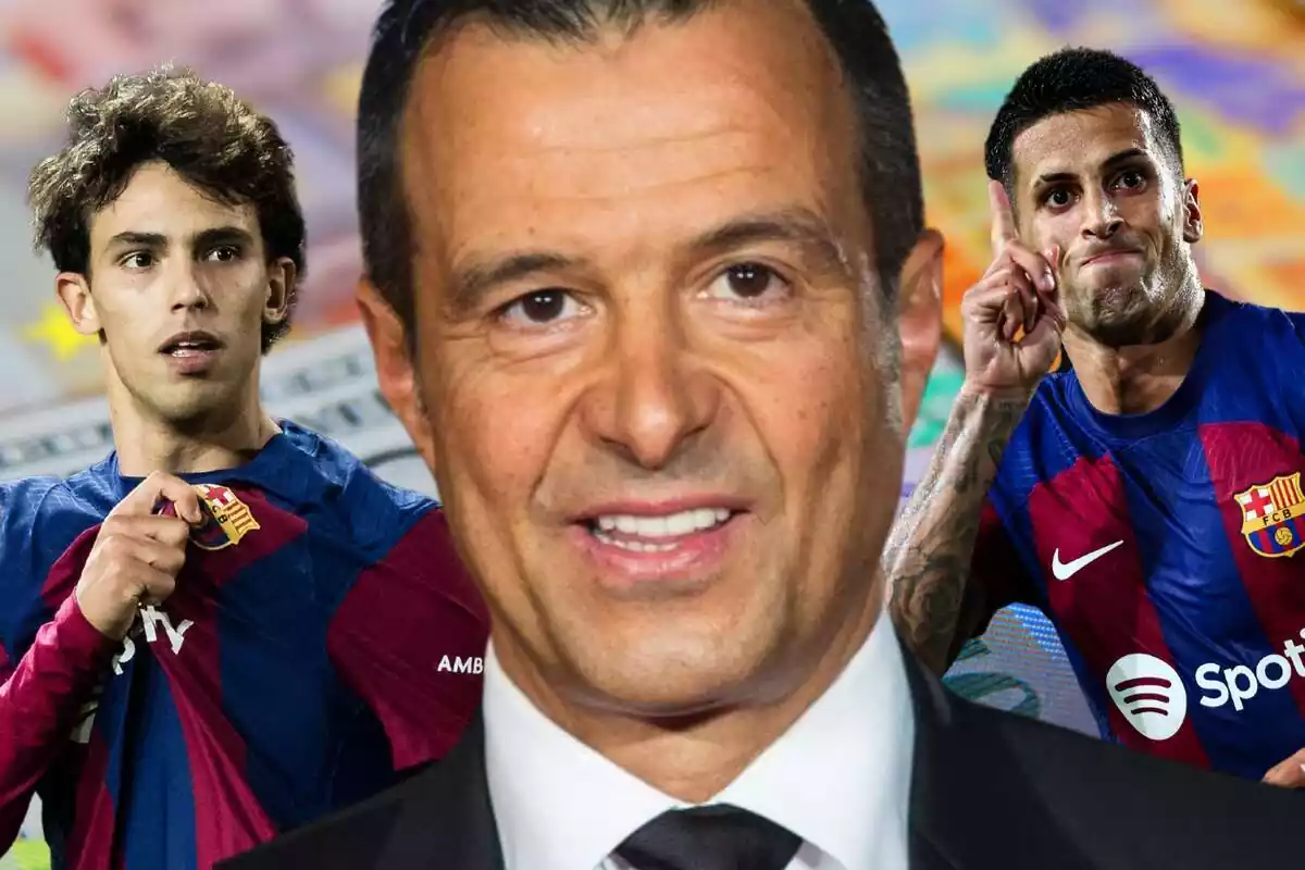 Jorge Mendes en primer plano con Joao Félix y Joao Cancelo a sus lados