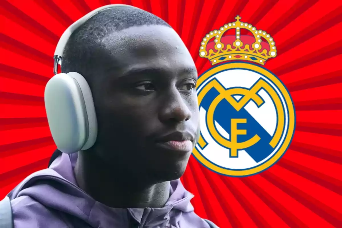 Un hombre con auriculares grandes y una sudadera morada, con el logo del Real Madrid y un fondo rojo con rayos.