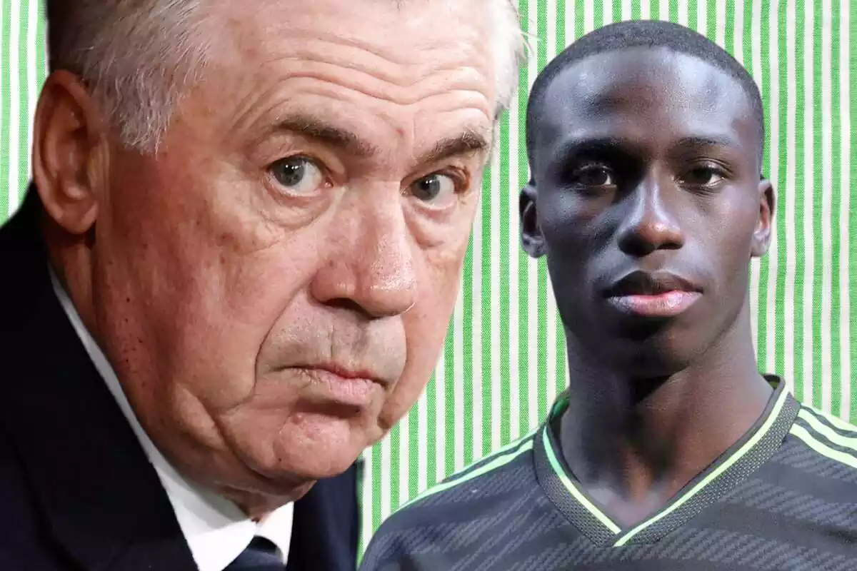 Carlo Ancelotti de perfil mirando al frente con Ferland Mendy a su lado sobre un fondo verde y blanco