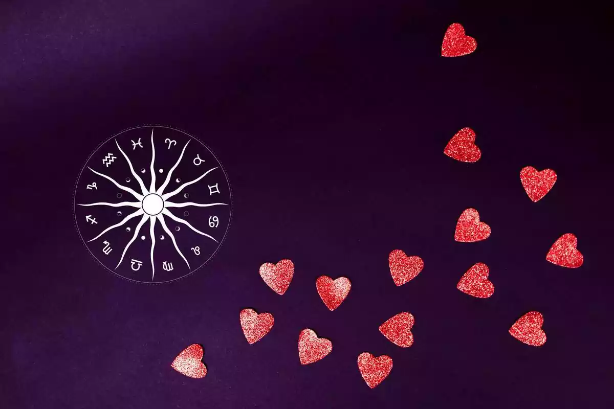 Una rueda zodiacal sobre un fondo estrellado lila y unos corazones rojos a su alrededor