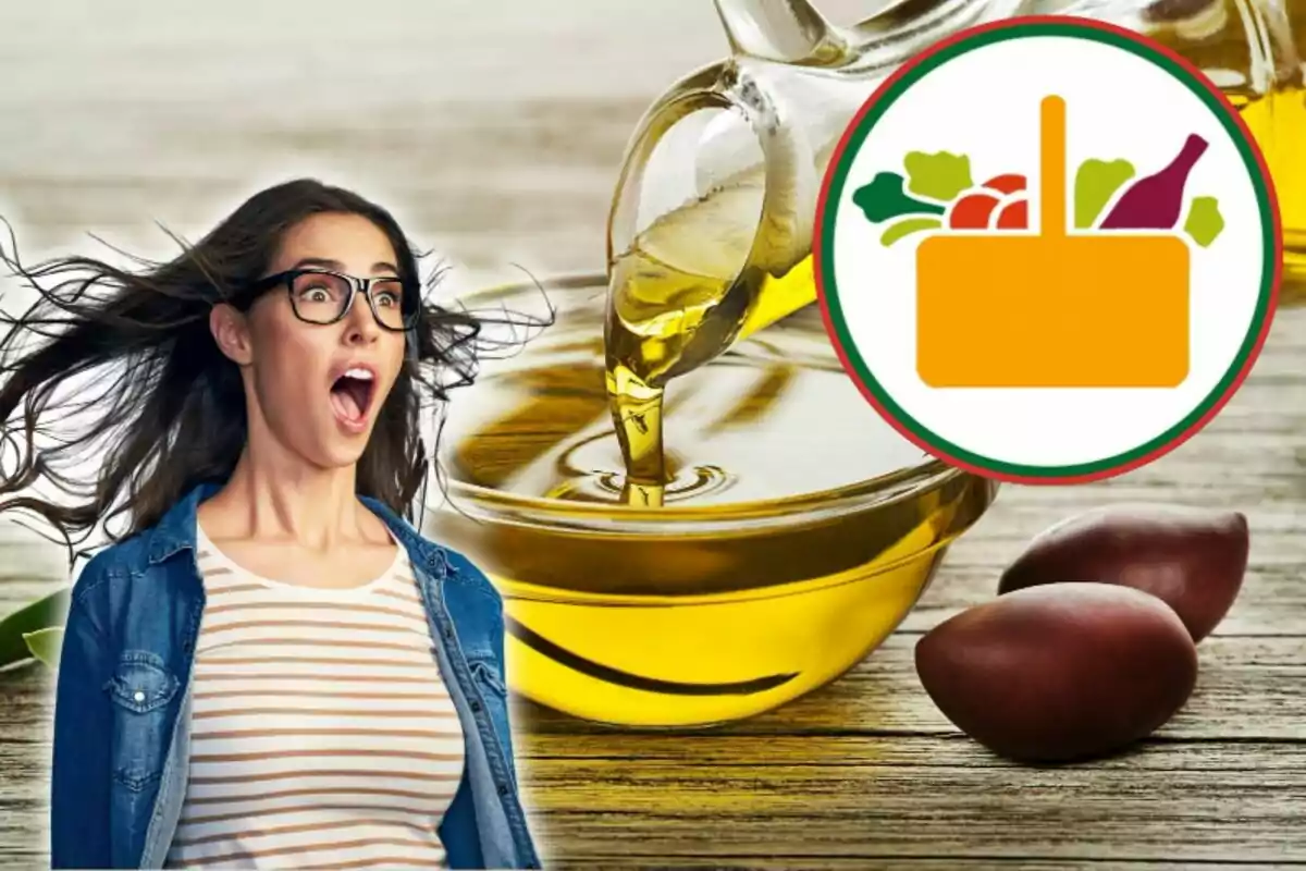 Mujer sorprendida con gafas frente a un recipiente de aceite y un logotipo de alimentos.