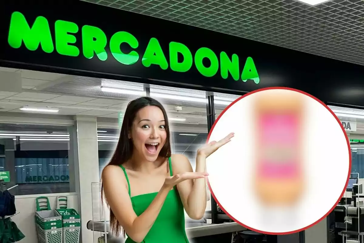 Una mujer sonriente con un vestido verde señala un producto borroso dentro de un círculo rojo frente a una tienda Mercadona.