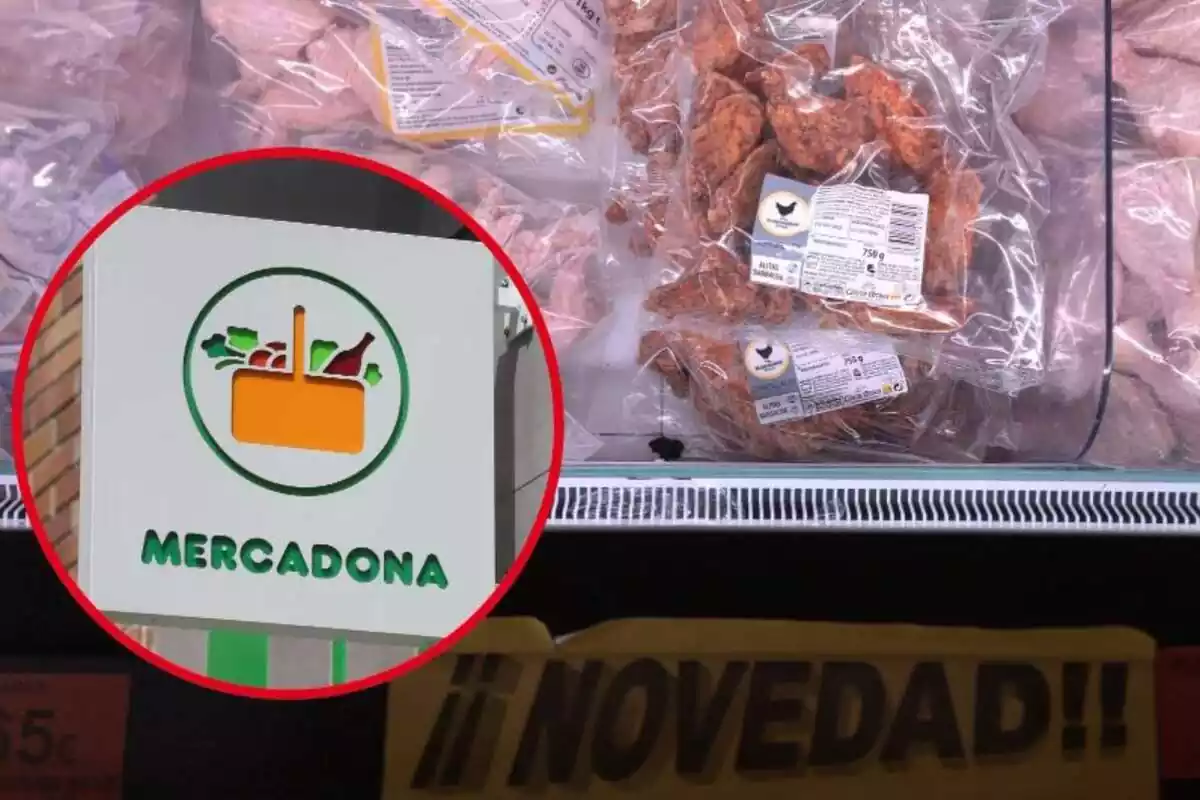 Imagen de fondo de unas alitas de Mercadona en las neveras junto a un logo de Mercadona