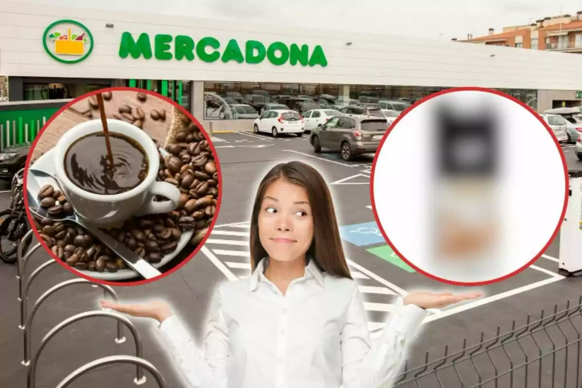 Una mujer indecisa con una taza de café y un producto borroso en un aparcamiento de Mercadona.