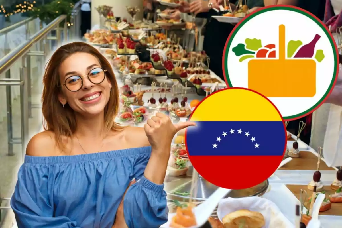 Una mujer sonriente con gafas y una blusa azul señala con el pulgar hacia un buffet de comida, con un icono de cesta de alimentos y la bandera de Venezuela superpuestos en la imagen.