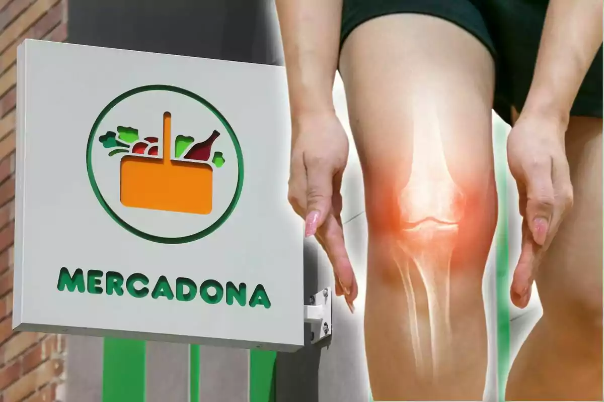 Cartel de Mercadona junto a una imagen de una rodilla con dolor.