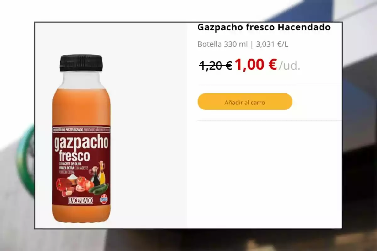 Botella de gazpacho fresco Hacendado de 330 ml en oferta a un euro con opción de añadir al carrito de compra Botella de gazpacho fresco Hacendado de 330 ml en oferta a un euro con opción de añadir al carrito de compra