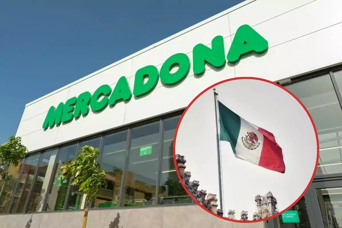 Fachada de una tienda Mercadona con una bandera de México en un círculo superpuesto.