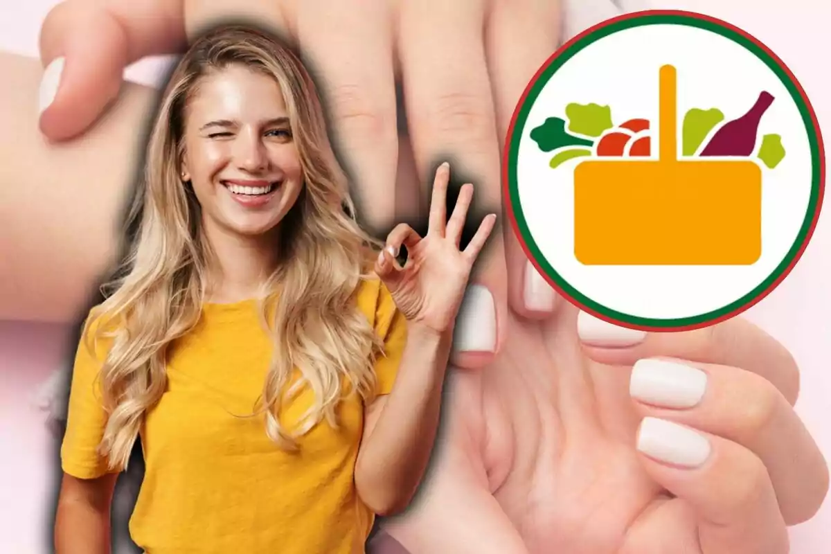 Una mujer sonriente con camiseta amarilla hace un gesto de aprobación con la mano sobre un fondo de manos con uñas cuidadas y un logotipo de una cesta de alimentos.