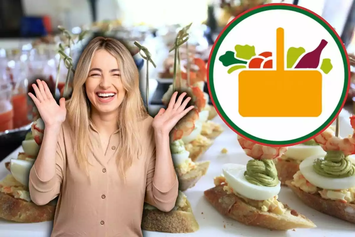 Una mujer sonriente con las manos levantadas frente a una mesa llena de aperitivos y un logotipo de alimentos.