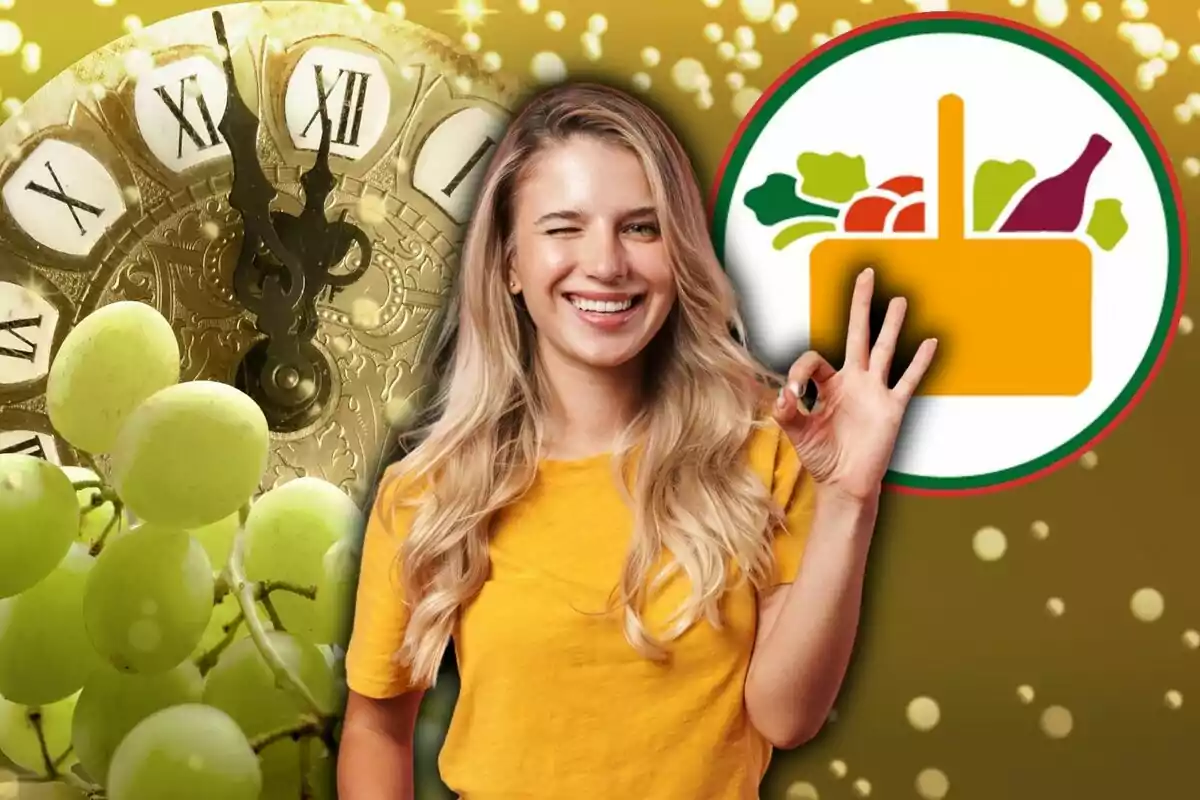 Una mujer sonriente con camiseta amarilla hace un gesto de "ok" con la mano junto a un reloj antiguo, un racimo de uvas verdes y un icono de una cesta con alimentos sobre un fondo dorado con burbujas.