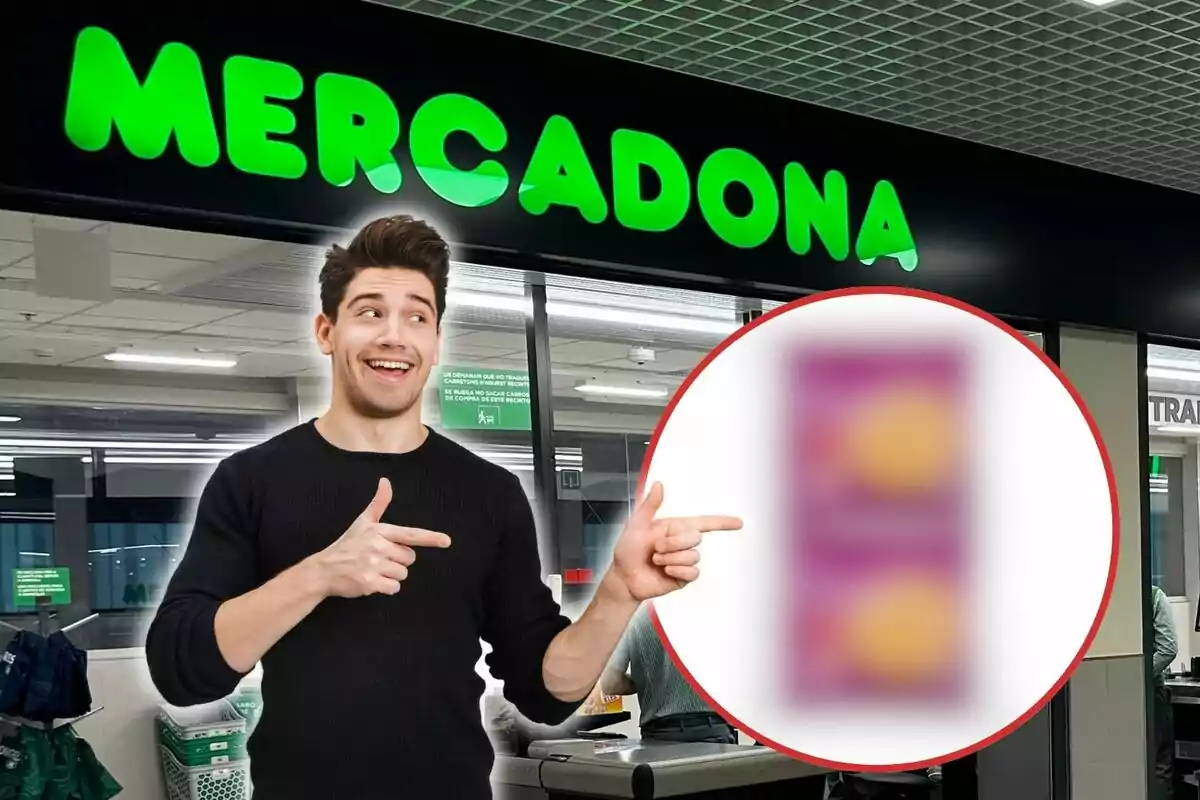 Un hombre sonriente señala un producto borroso dentro de un círculo rojo frente a una tienda Mercadona.