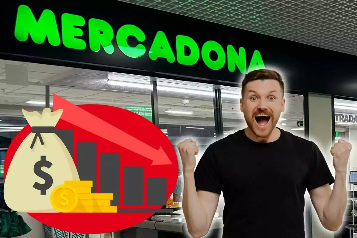 Un hombre emocionado frente a una tienda de Mercadona con un gráfico de descenso de precios y un saco de dinero.