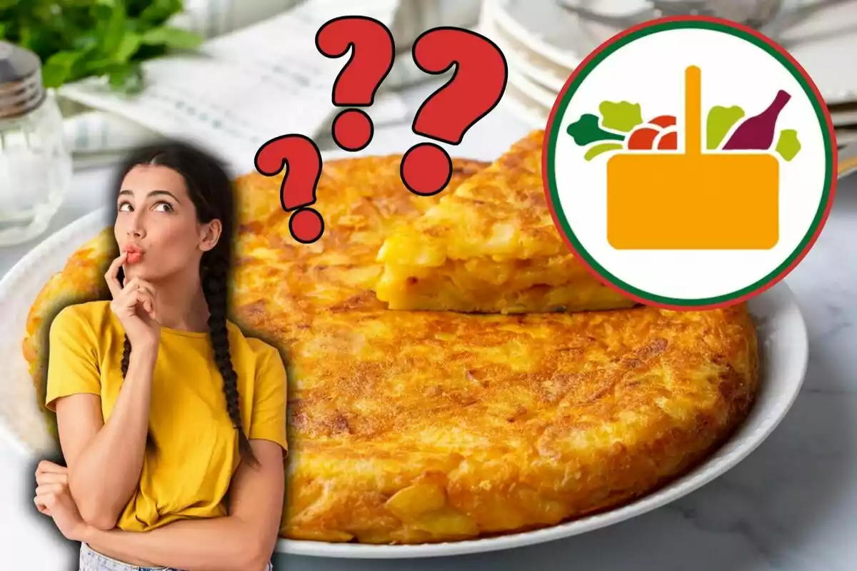 Mujer pensativa con camiseta amarilla junto a una tortilla de patatas, con signos de interrogación y un icono de cesta de alimentos.