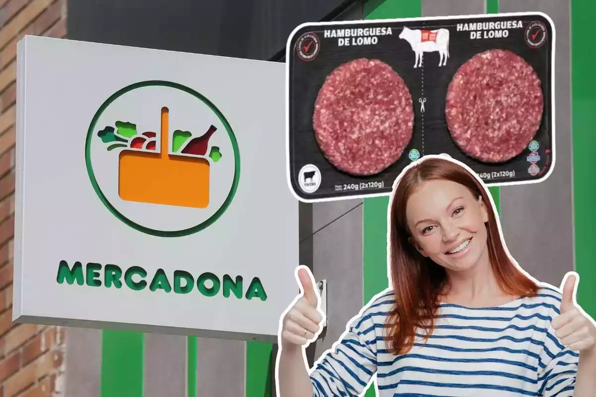 Montaje con una imagen de fondo de Mercadona y otra de unas hamburguesas y una mujer haciendo el gesto de aprobación