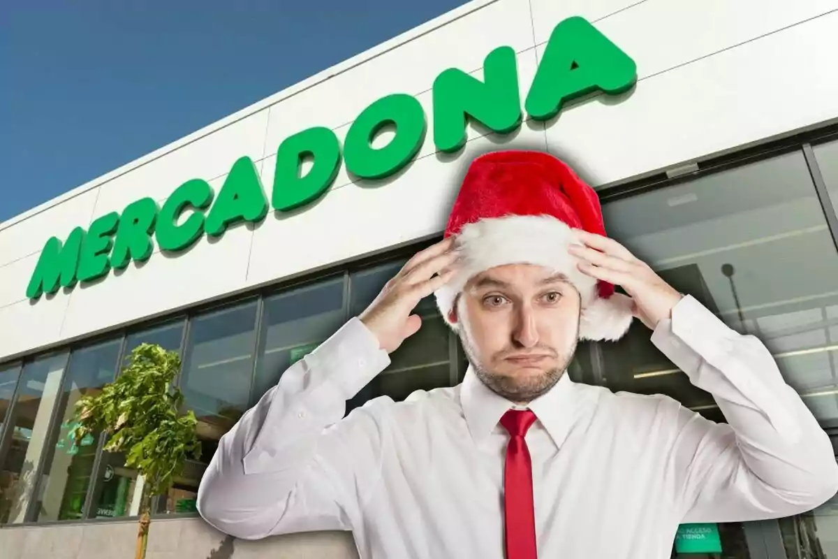 Un hombre con gorro de Navidad y expresión confundida frente a un supermercado Mercadona.