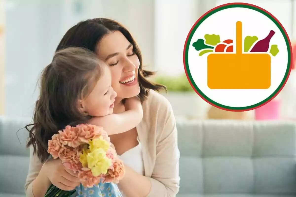 Una mujer y una niña se abrazan con alegría mientras la niña sostiene un ramo de flores, junto a un ícono de una canasta de compras con alimentos.