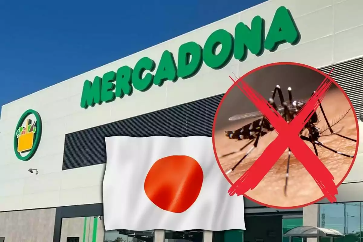 Fachada de un supermercado Mercadona con una bandera de Japón y un símbolo de prohibición sobre un mosquito.