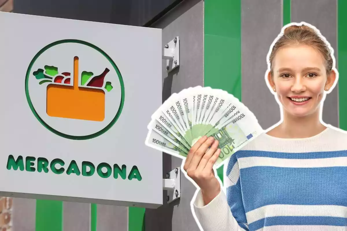 Fondo de un logo de Mercadona y otra imagen de una mujer con billetes de 100 euros en la mano