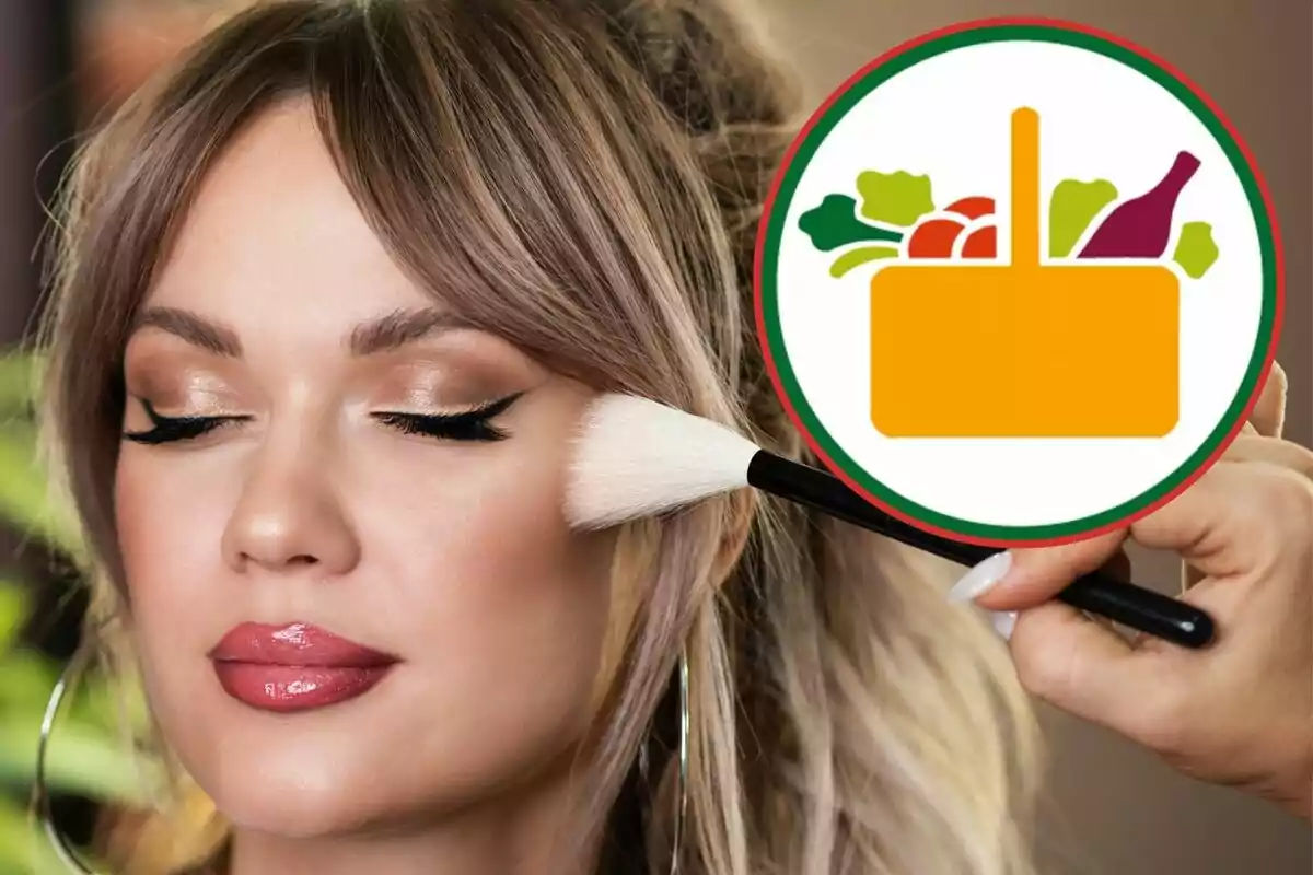 Una mujer con maquillaje profesional y un logotipo de una cesta de compras con alimentos.