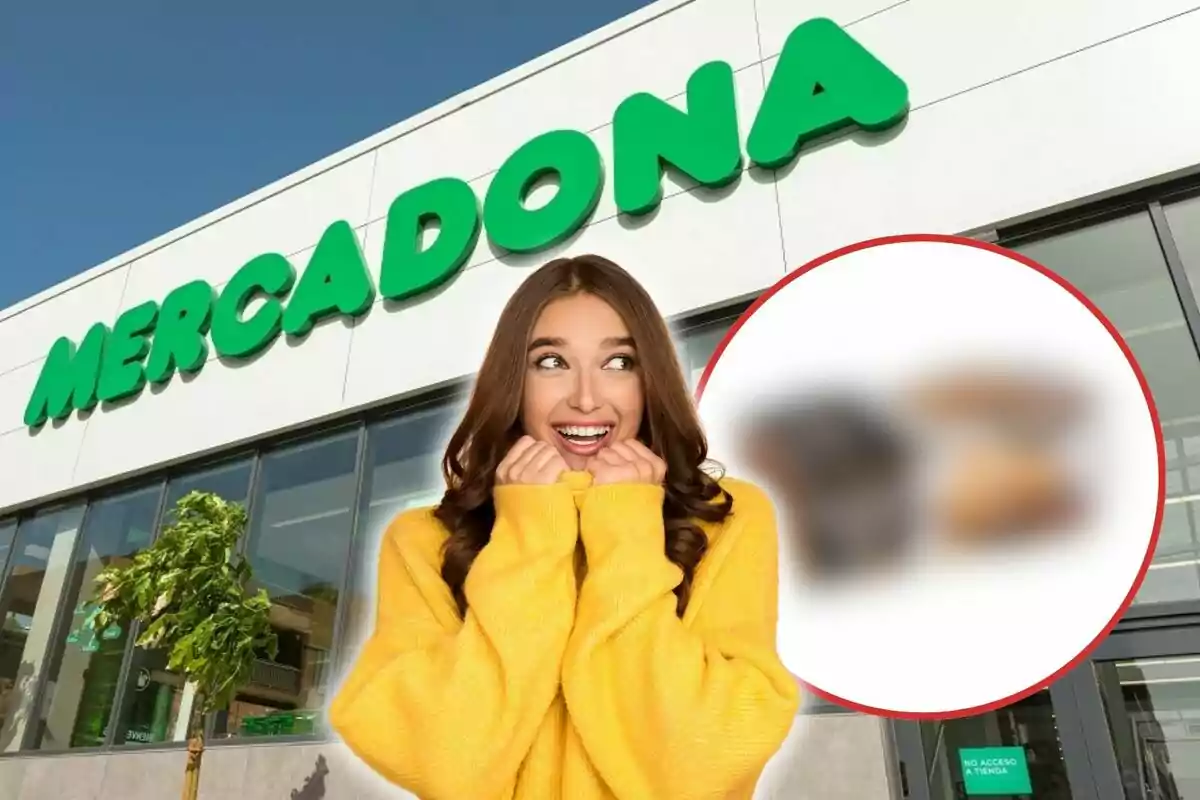 Una mujer sonriente con un suéter amarillo está frente a una tienda de Mercadona.