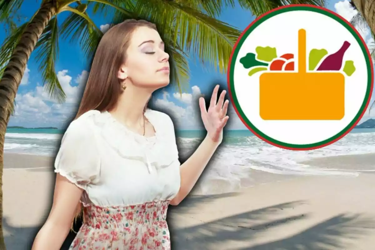 Una mujer con los ojos cerrados disfruta de la brisa en una playa tropical mientras un icono de cesta de picnic aparece a su lado.
