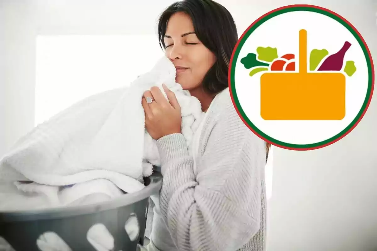 Una persona disfrutando del aroma de la ropa limpia mientras sostiene una canasta de lavandería, con un gráfico de una cesta de compras llena de alimentos en la esquina. Una persona disfrutando del aroma de la ropa limpia mientras sostiene una canasta de lavandería, con un gráfico de una cesta de compras llena de alimentos en la esquina.