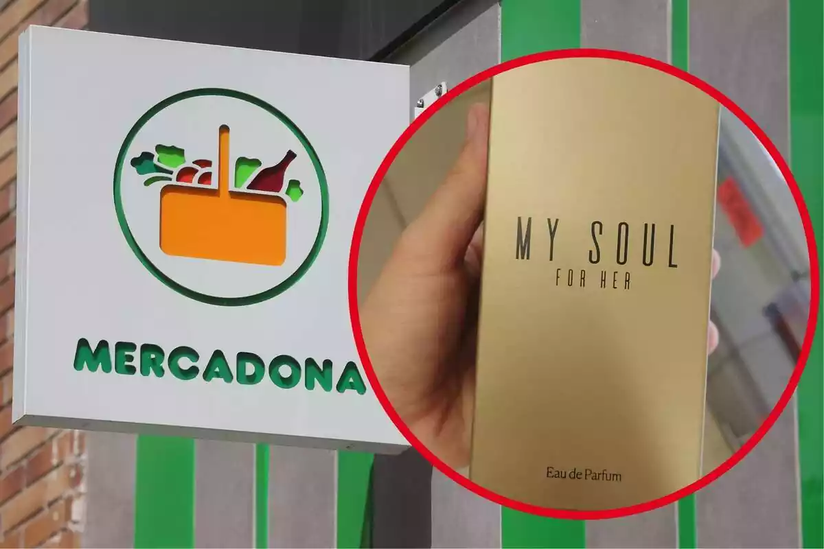 Montaje de fondo del logo en una tienda Mercadona y otra imagen del perfume My Soul for Her de Mercadona