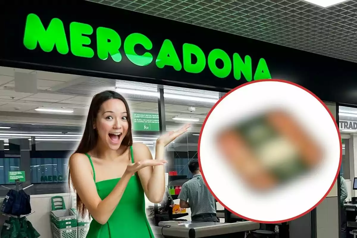 Una mujer sonriente con un vestido verde señala un producto borroso dentro de un círculo rojo frente a una tienda Mercadona.