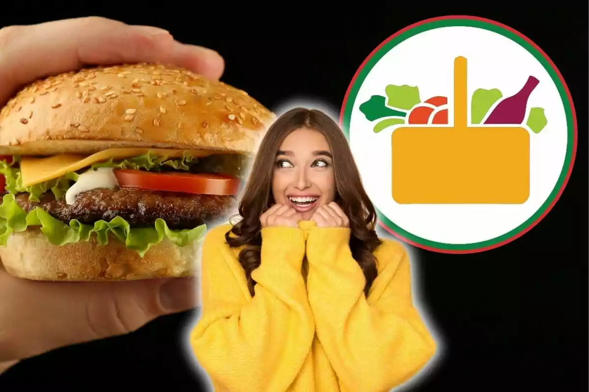 Una mujer sonriente con un suéter amarillo, una hamburguesa en primer plano y un ícono de alimentos en el fondo.