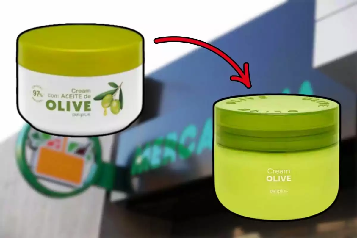 Dos envases de crema de oliva de la marca Deliplus con diferente diseño, uno blanco y otro verde, con una flecha roja señalando el cambio entre ambos. Dos envases de crema de oliva de la marca Deliplus con diferente diseño, uno blanco y otro verde, con una flecha roja señalando el cambio entre ambos.