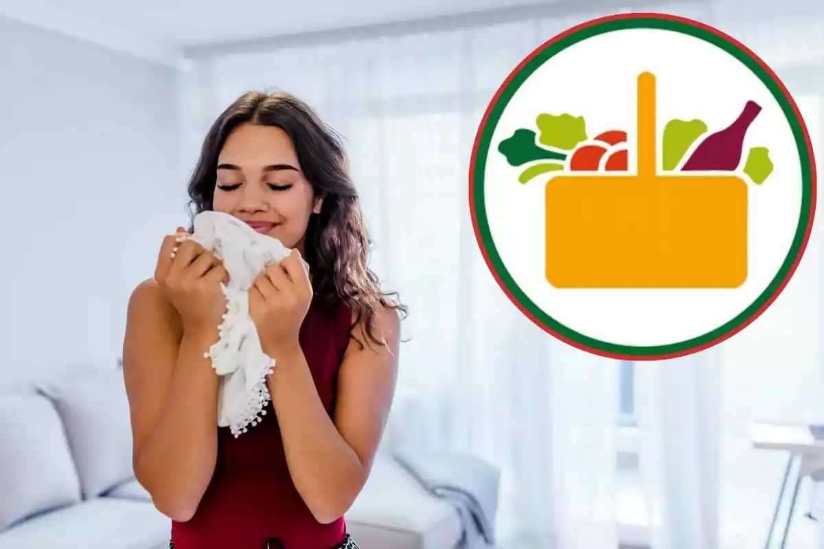 Una mujer disfrutando del aroma de una prenda de ropa con un ícono de una canasta de alimentos en la esquina superior derecha.