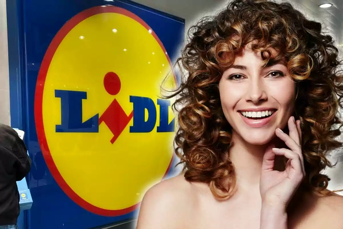 Una mujer sonriente con cabello rizado aparece superpuesta sobre el logotipo de Lidl.