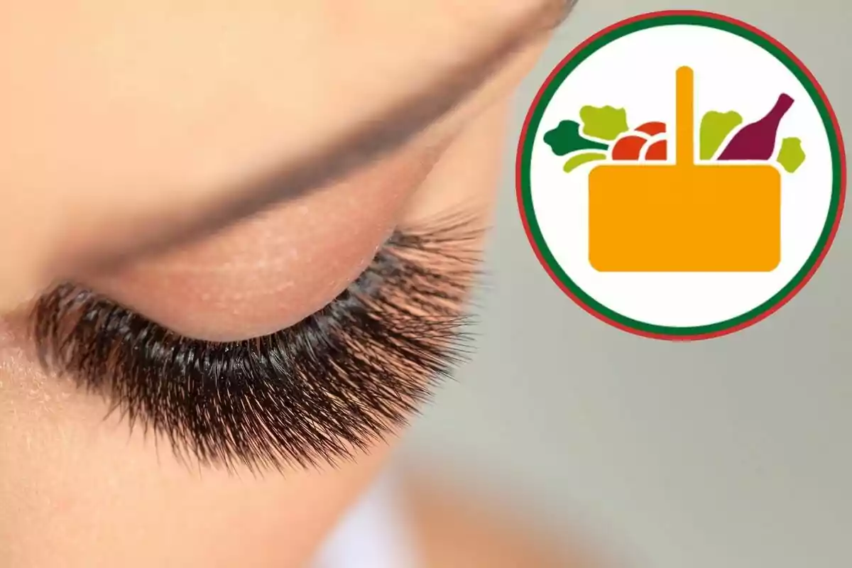 Un ojo cerrado con pestañas largas y un logotipo de una canasta de compras con alimentos. Un ojo cerrado con pestañas largas y un logotipo de una canasta de compras con alimentos.